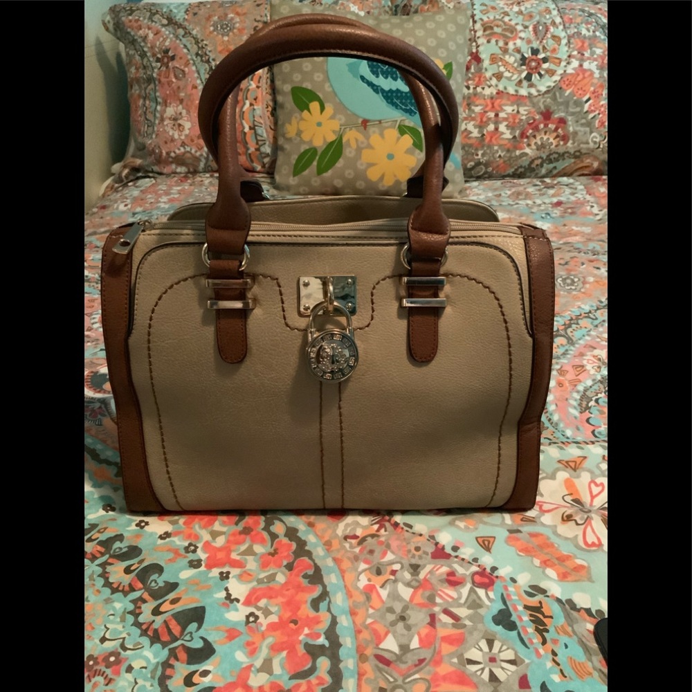 Handbag beige with brown and gold never used new